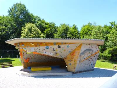 Kletterwand mit bunten Griffmöglichkeiten zum Klettern umgeben von Bäumen